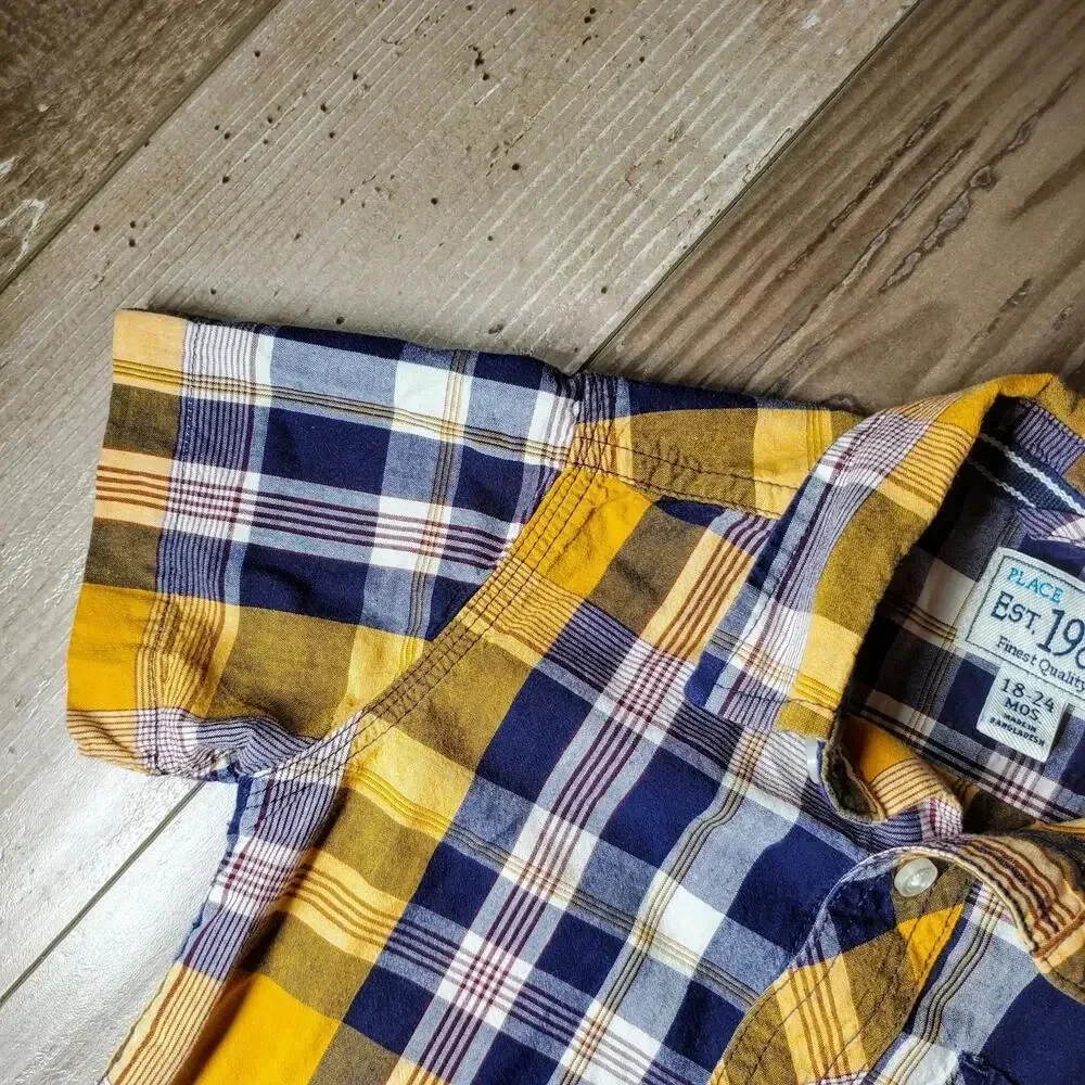 PLACE EST. 1989 Blue Yellow Plaid Button Down Boys Shirt Size 18-24 Mos NWOT
